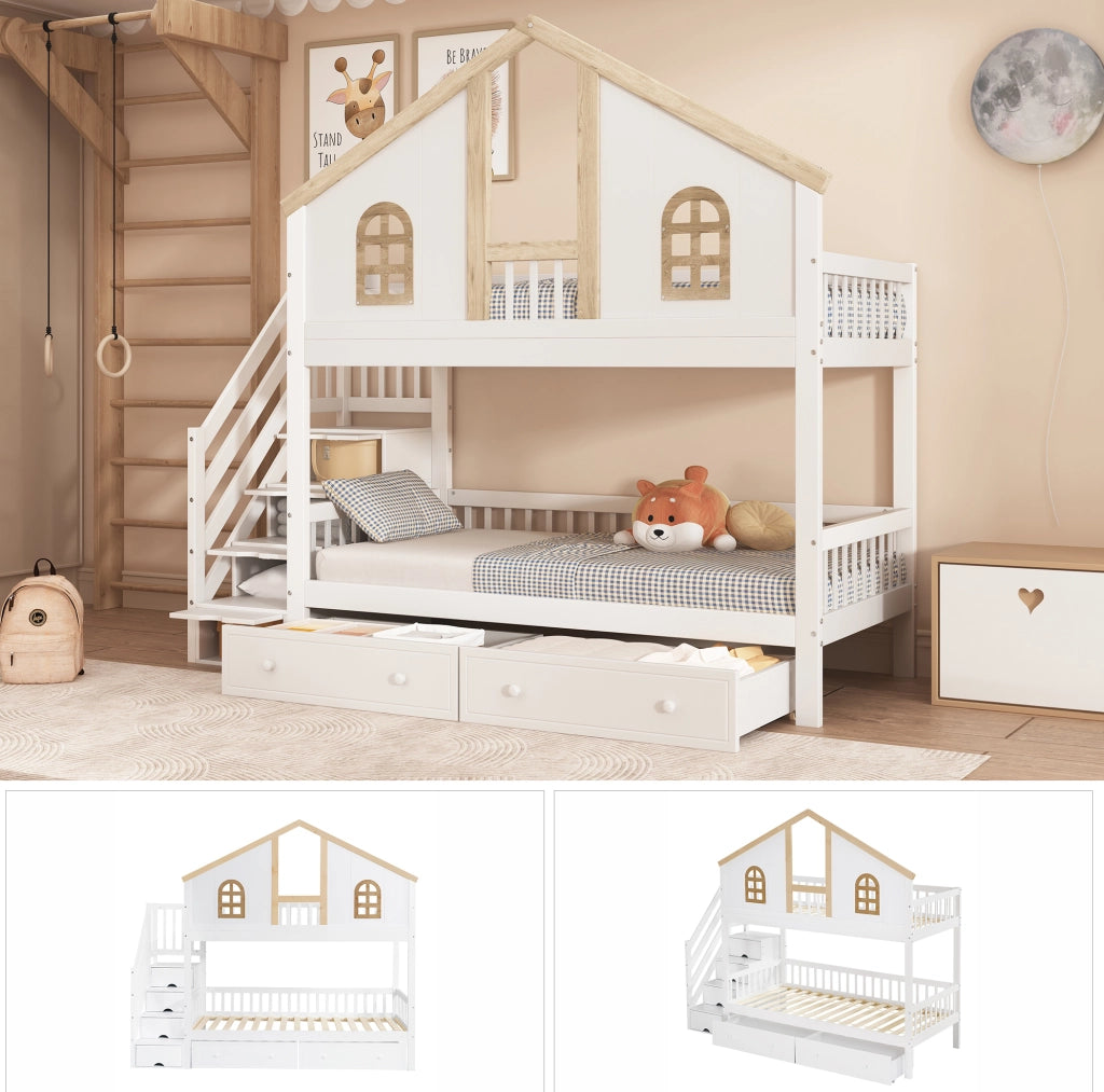 Letto a castello per bambini 90x200 cm con scala contenitore e 2 cassetti