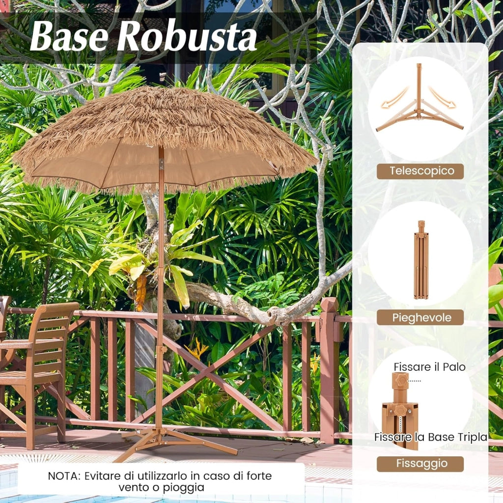 Ombrellone in Paglia PP da 200 cm, Ombrellone da Spiaggia Hawaiano con Inclinazione Regolabile, con Base Pieghevole, Borsa per il Trasporto, per Giardino Piscina