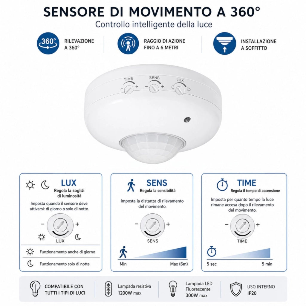 Sensore di Movimento PIR 360° da Soffitto, IP20, Regolazione TIME SENS LUX