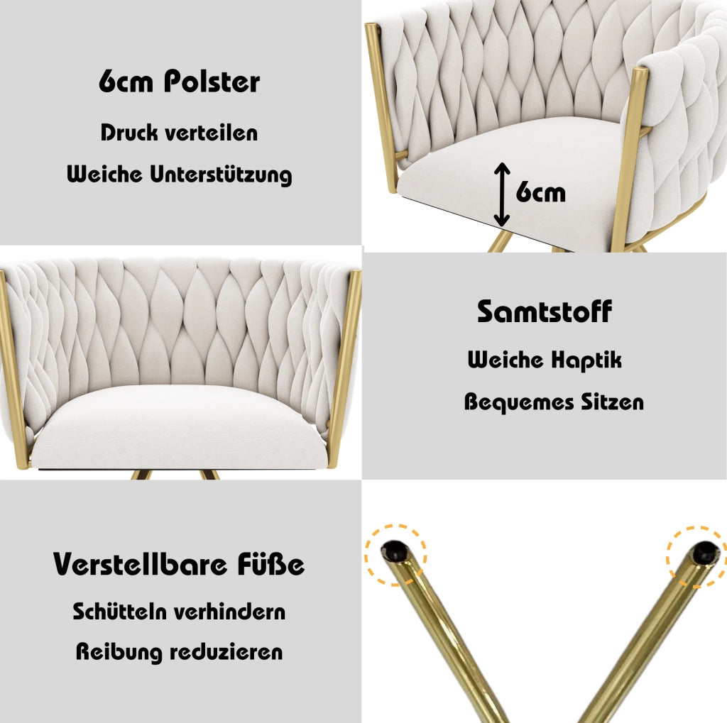 Set 4 sedie girevoli da pranzo in velluto beige e oro; con schienale ergonomico e struttura in metallo