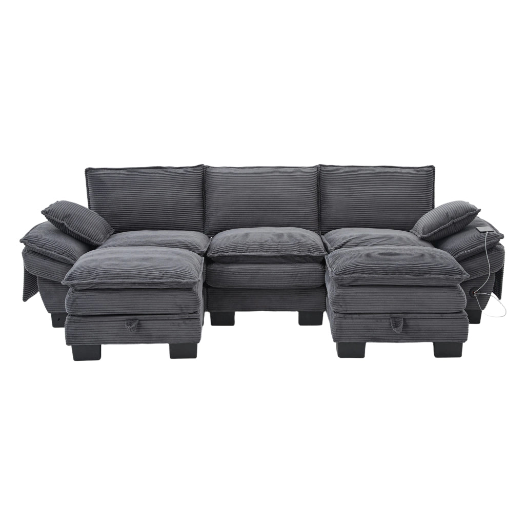 Divano 3 Posti con 2 Poggiapiedi in Tessuto a Coste ¨C MINIMAL ¨C Grigio Scuro