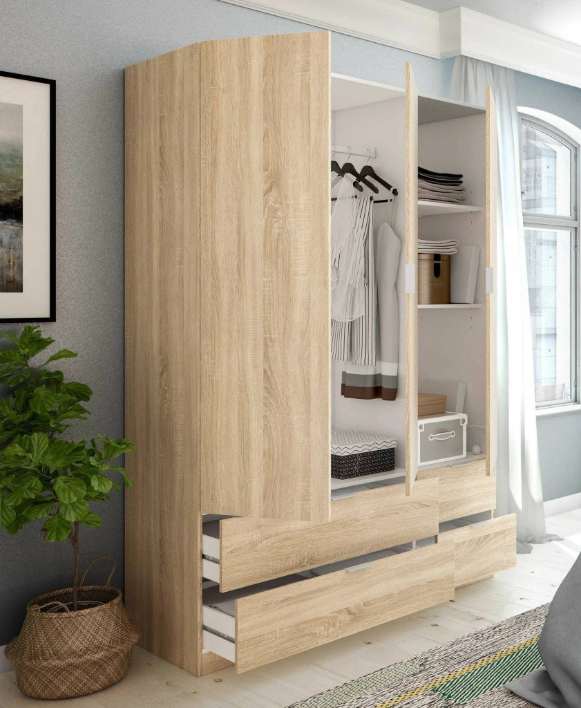 Guardaroba Ababala, Mobile camera da letto a 3 ante e 2 cassetti, Armadio appendiabiti, 135x52h200 cm, Rovere
