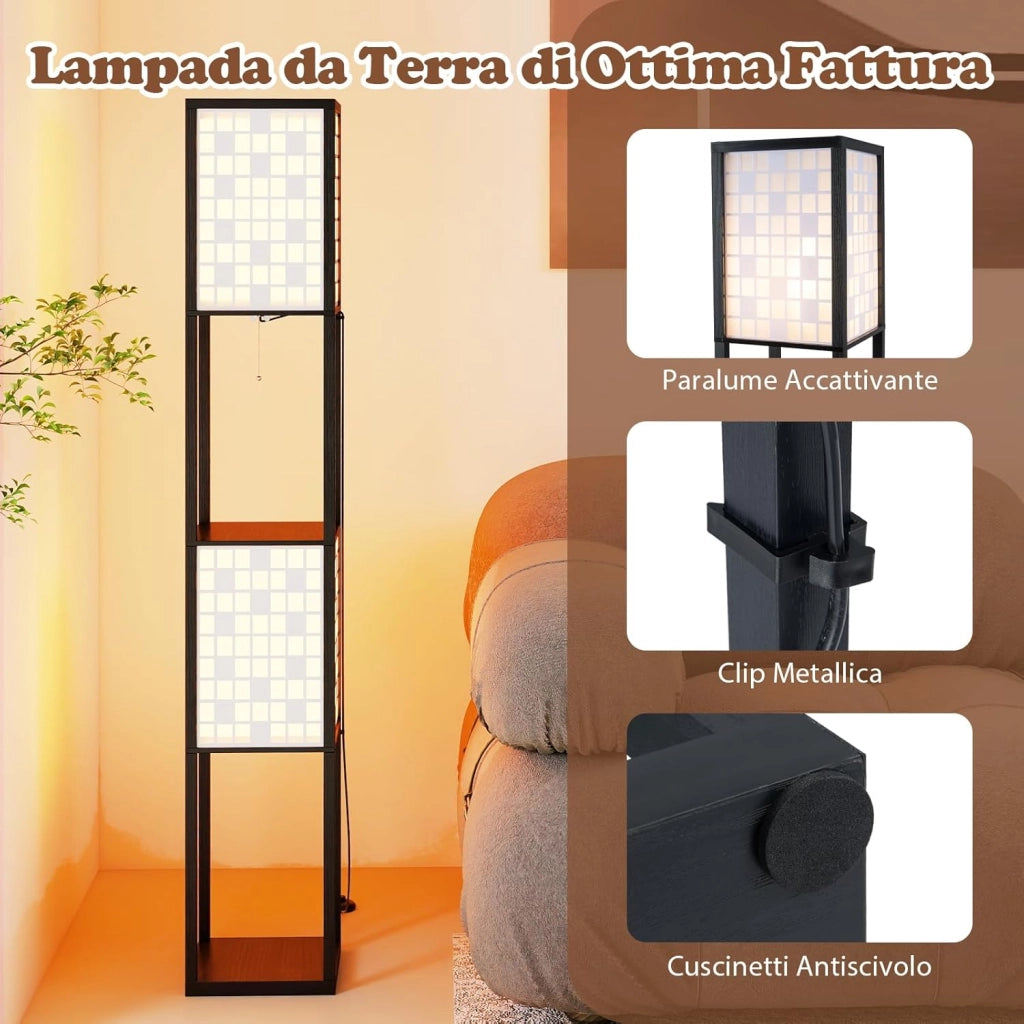 Lampada da Terra a 2 Luci con Mensole, Lampada a Stelo con 2 Paralumi Traforati, Catena a Strappo e Interruttore a Pedale, Richiede Lampadine E27, per Salotto e Camera da Letto (Quadrati)