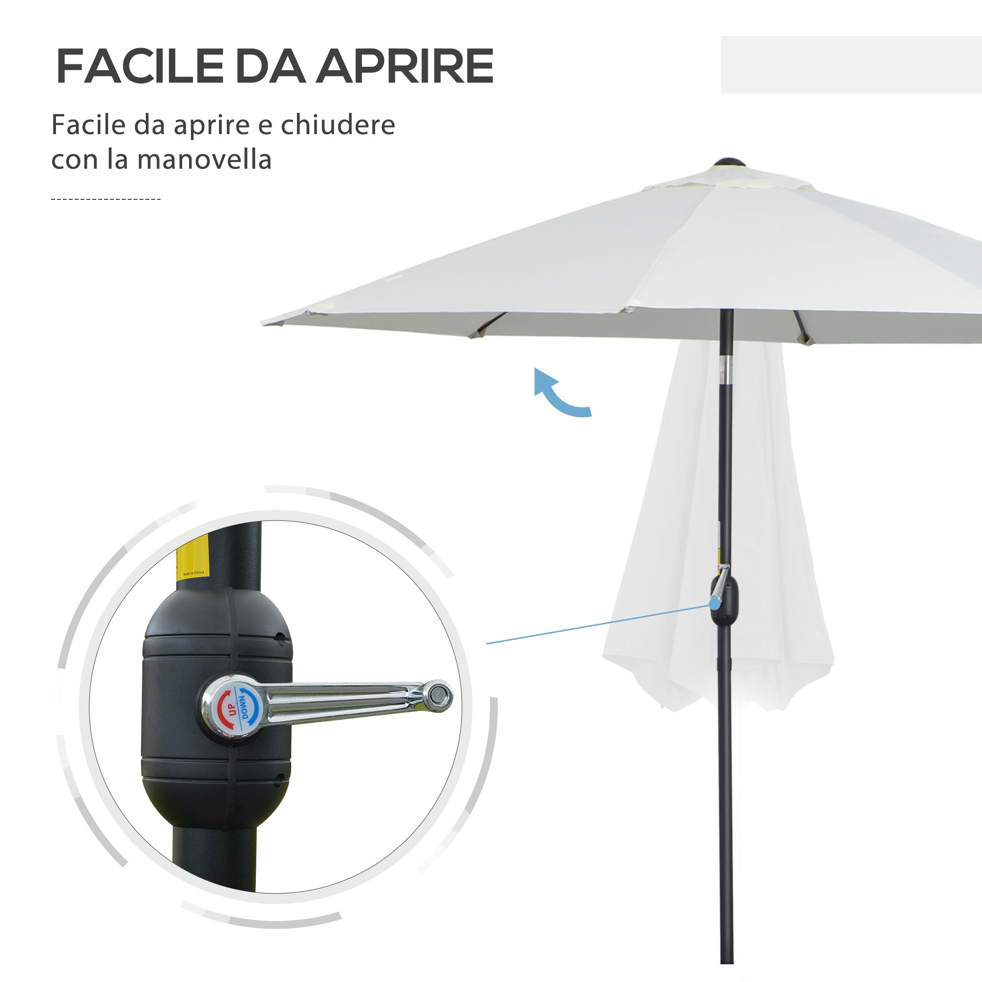 Ombrellone Rotondo e Regolabile Ø265x240 cm in Poliestere Metallo e Fibra di Vetro Crema