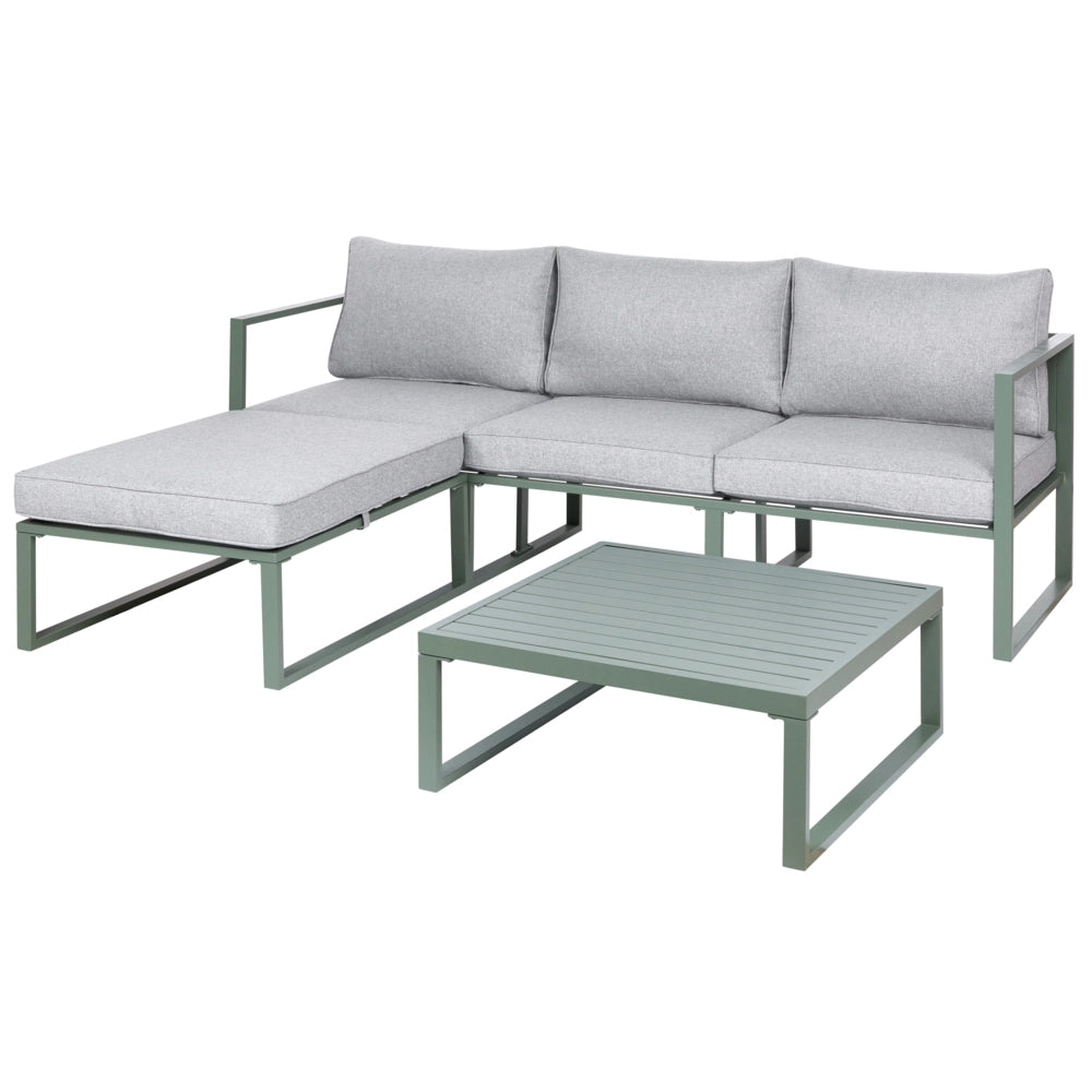 Set Lounge da Giardino a 3 Posti con Divano Angolare Sinistro in Tessuto Verde e Tavolino Struttura in Alluminio