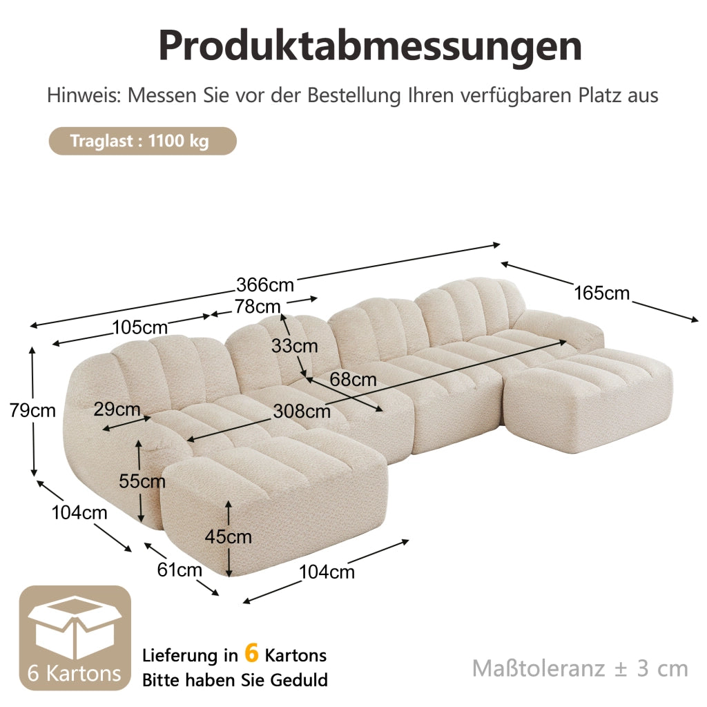 Divano modulare angolare 4 posti con pouf; forma a U; 366 x 165 x 79 cm; beige bianco