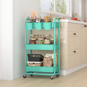 Carrello a tre livelli in plastica con ruote a pedale e maniglie perimetrali per contenitori extra con chiusura per uso in cucina, bagno, soggiorno, ufficio, verde