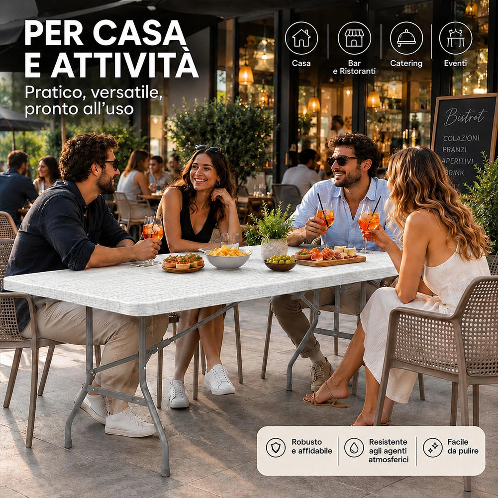 Tavolo Pieghevole Bianco Polyrattan Resistente Tavolino da Esterno 180x74x74cm