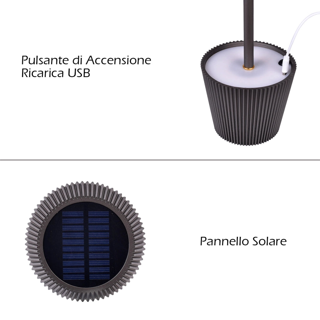 LAMAPADA DA TAVOLO LED GRIGIA RICARICABILE CON PARALUME PLISSETTATO ALIMENTAZIONE SOLARE E USB 3 TEMPERATURE COLORE - IDEALE PER RISTORANTI BAR HOTEL E TERRAZZE