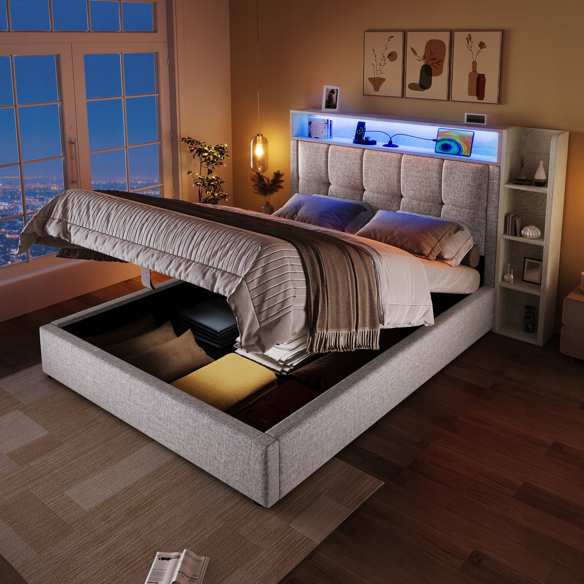 Letto imbottito 90x200 - Xylo - Beige, LED, USB-C, telaio sollevabile