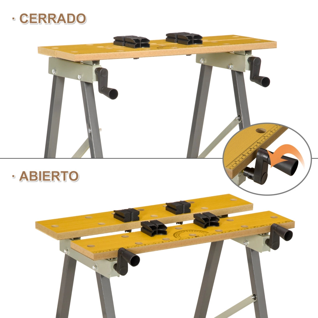 Banco da Lavoro Pieghevole 4 in 1 ¨C Xylo ¨C con 4 Morsetti e 2 Manovelle 62,5x60,5x78,5 cm Naturale e Grigio
