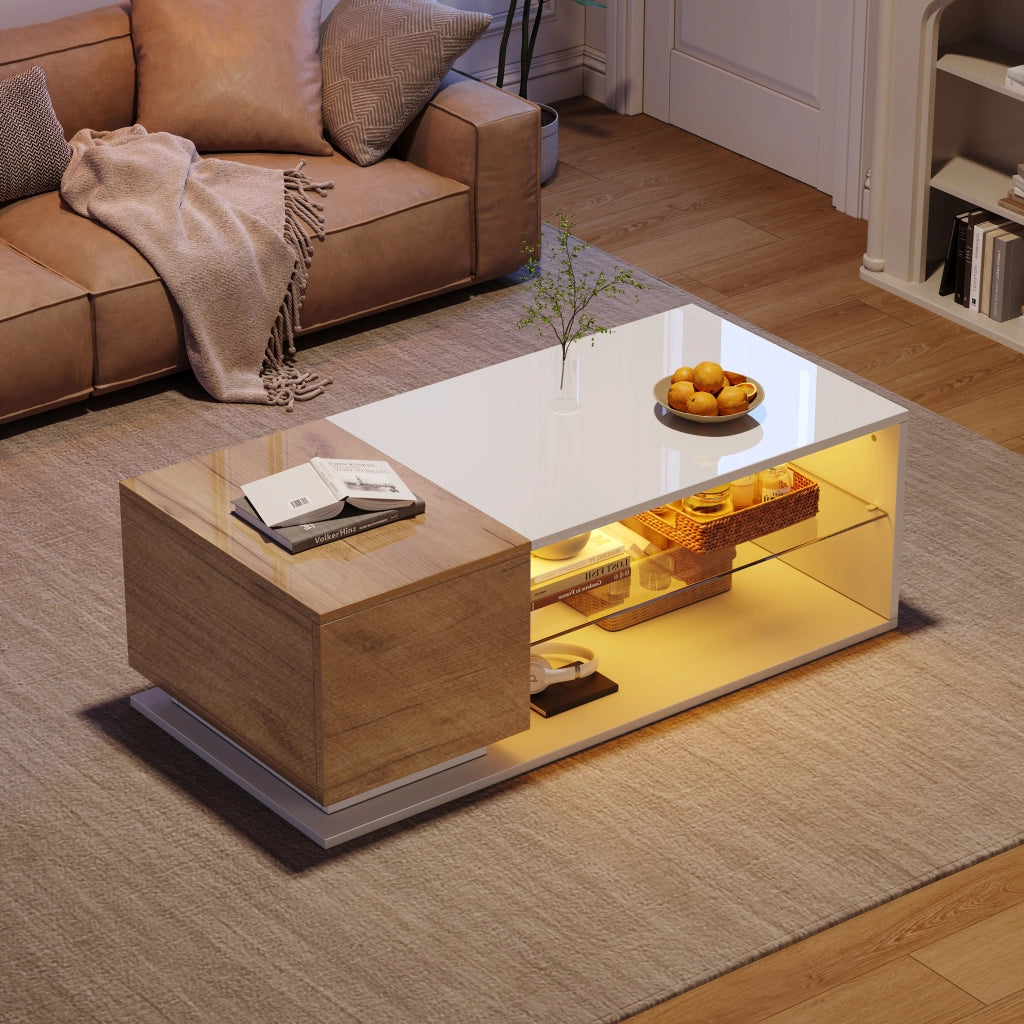 Tavolino basso con LED e vano contenitore, moderno, in truciolare, per soggiorno, bianco rovere, 105 × 50 × 36 cm