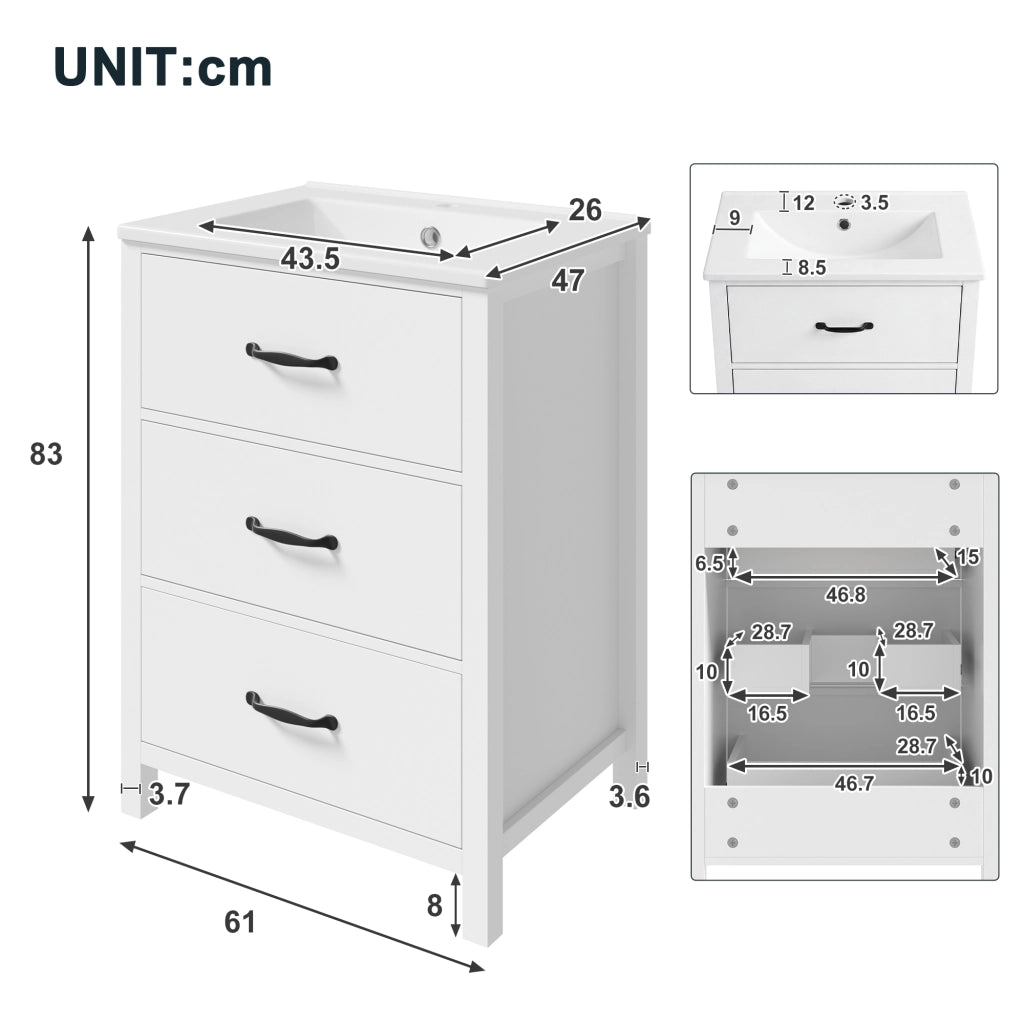 Mobile sottolavabo con lavabo in ceramica, 3 cassetti e vani contenitore, per bagno, bianco, 61 × 47 × 83 cm