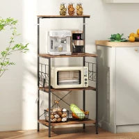 Ripiano da Cucina a 4 livelli, con Piano di Lavoro e 8 Ganci, Marrone e Nero