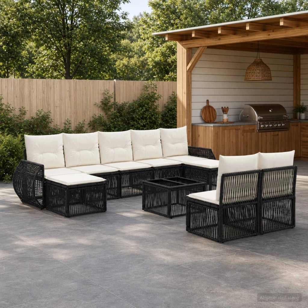 Set Divano da Giardino 10 pz Nero e Bianco Crema polyrattan 3435535