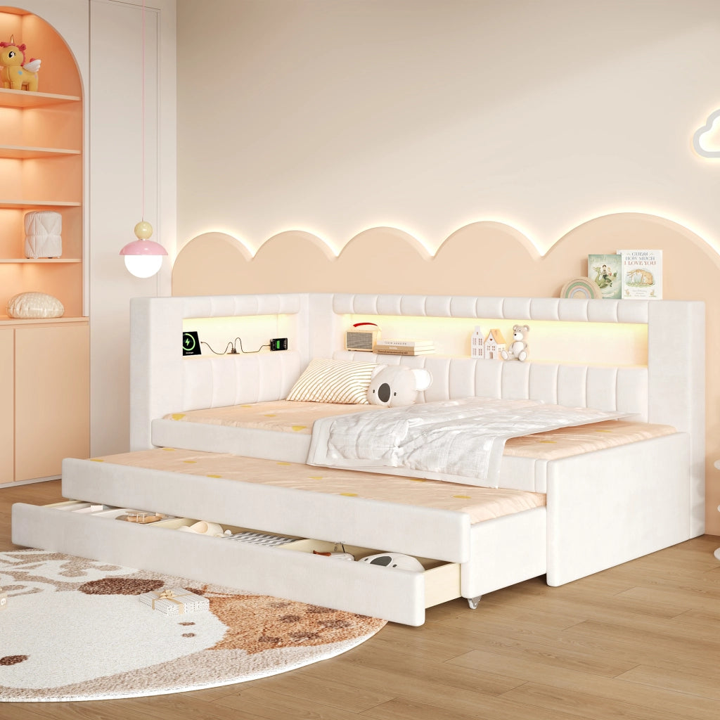 Letto imbottito con giroletto e cassetti ¨C Minimal ¨C Bianco 90x200 cm con LED