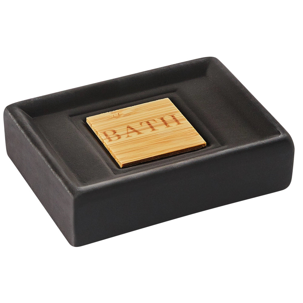 Set di 4 Accessori Bagno in Ceramica nero e legno chiaro dispenser sapone portasapone Bicchiere Portaspazzolino