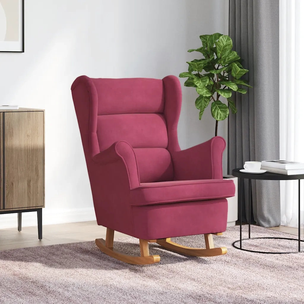Sedia a Dondolo con Gambe in Legno di Hevea Rosso Vino Velluto