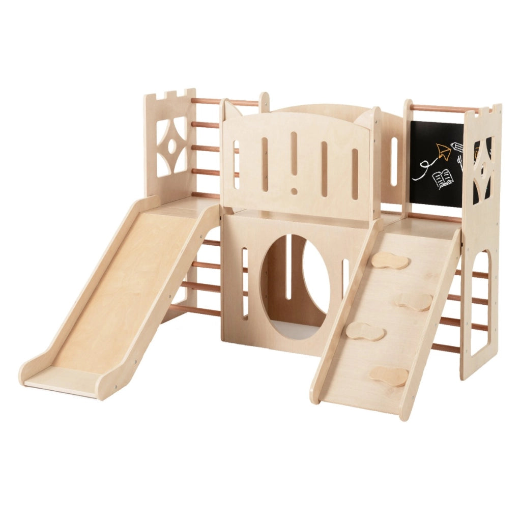 Parco giochi in legno a tema castello con scivolo e fori per strisciare, Scivolo per bambini 8-in-1 con nascondigli Naturale-Arrampicate e scivoli