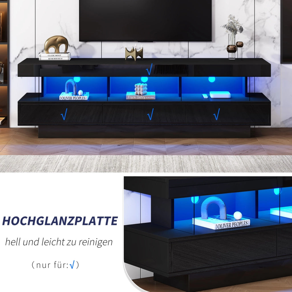 TV moderno nero lucido con LED e 3 vani in vetro