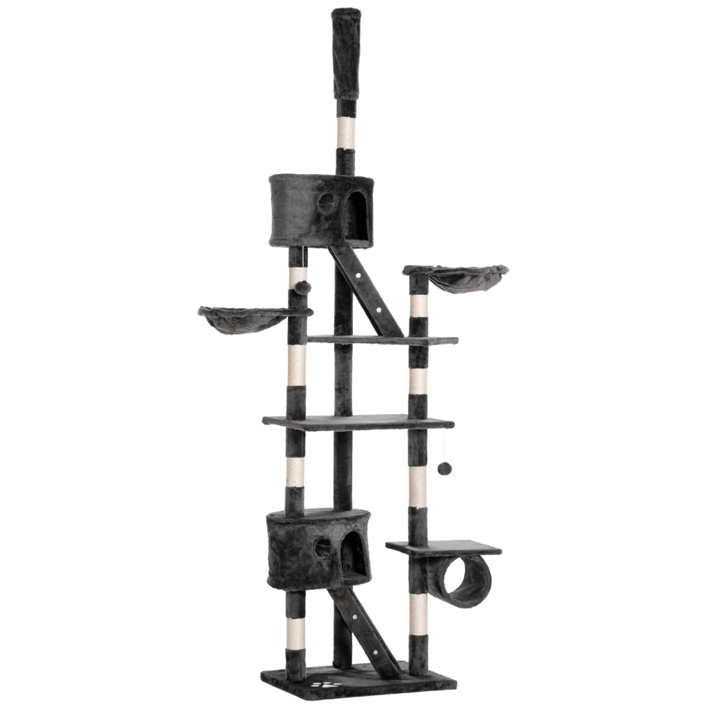 Albero Tiragraffi Multilivello a Soffitto Altezza Regolabile 240-260 cm con Casette e Letti in Peluche e Sisal Grigio