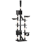 Albero Tiragraffi Multilivello a Soffitto Altezza Regolabile 240-260 cm con Casette e Letti in Peluche e Sisal Grigio