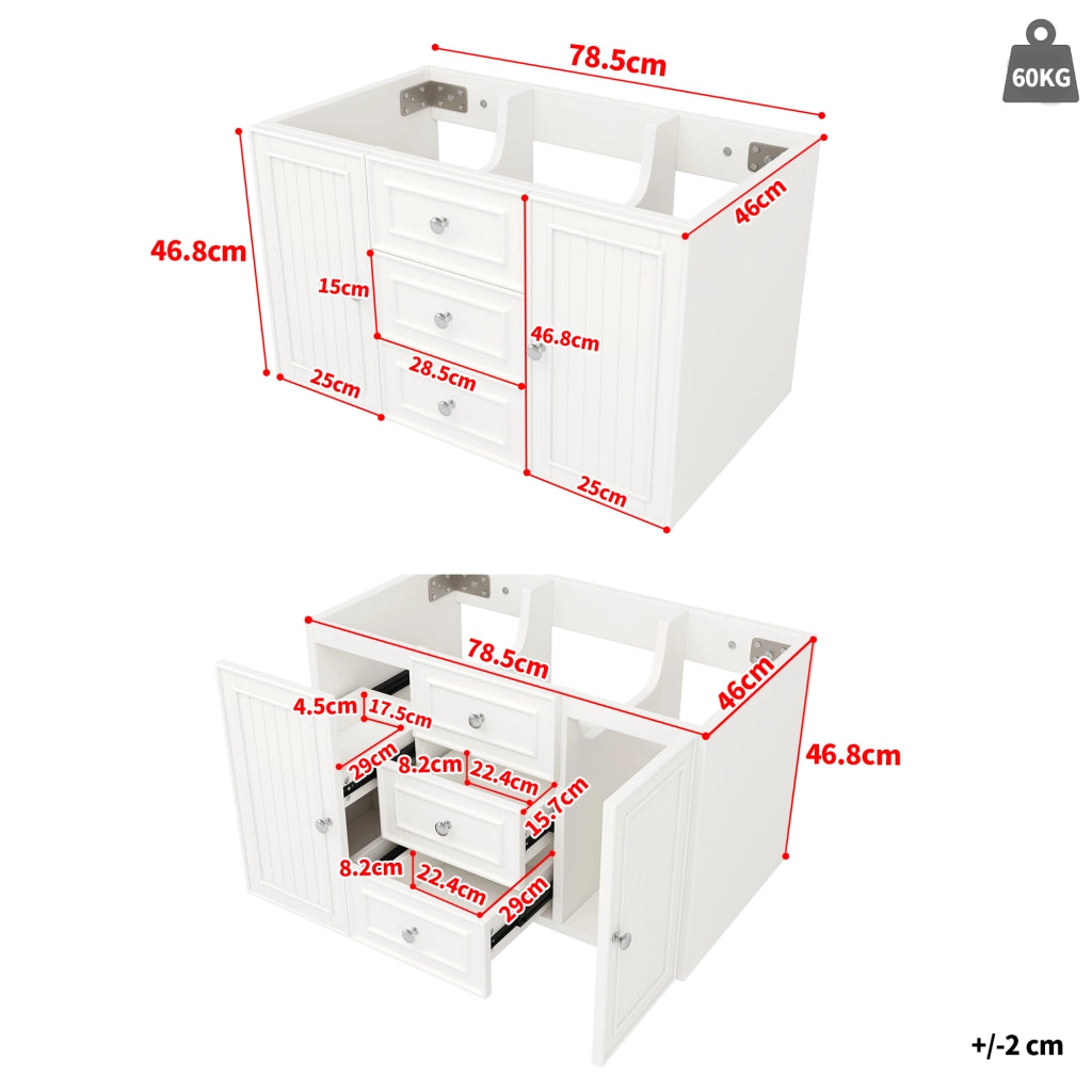 Mobile sottolavabo sospeso con 3 cassetti e vano contenitore per bagno moderno bianco 78,5 × 46 × 46,8 cm