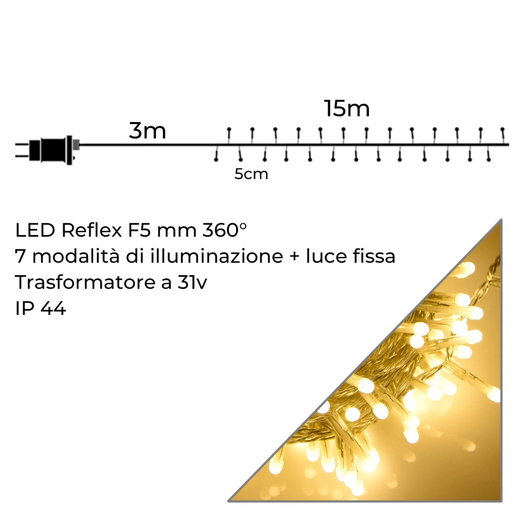 CATENA LUMINOSA DI NATALE 300 LED LUCE CALDA 8 EFFETTI DI ILLUMINAZIONE - IDEALE PER INTERNI ED ESTERNI IP44