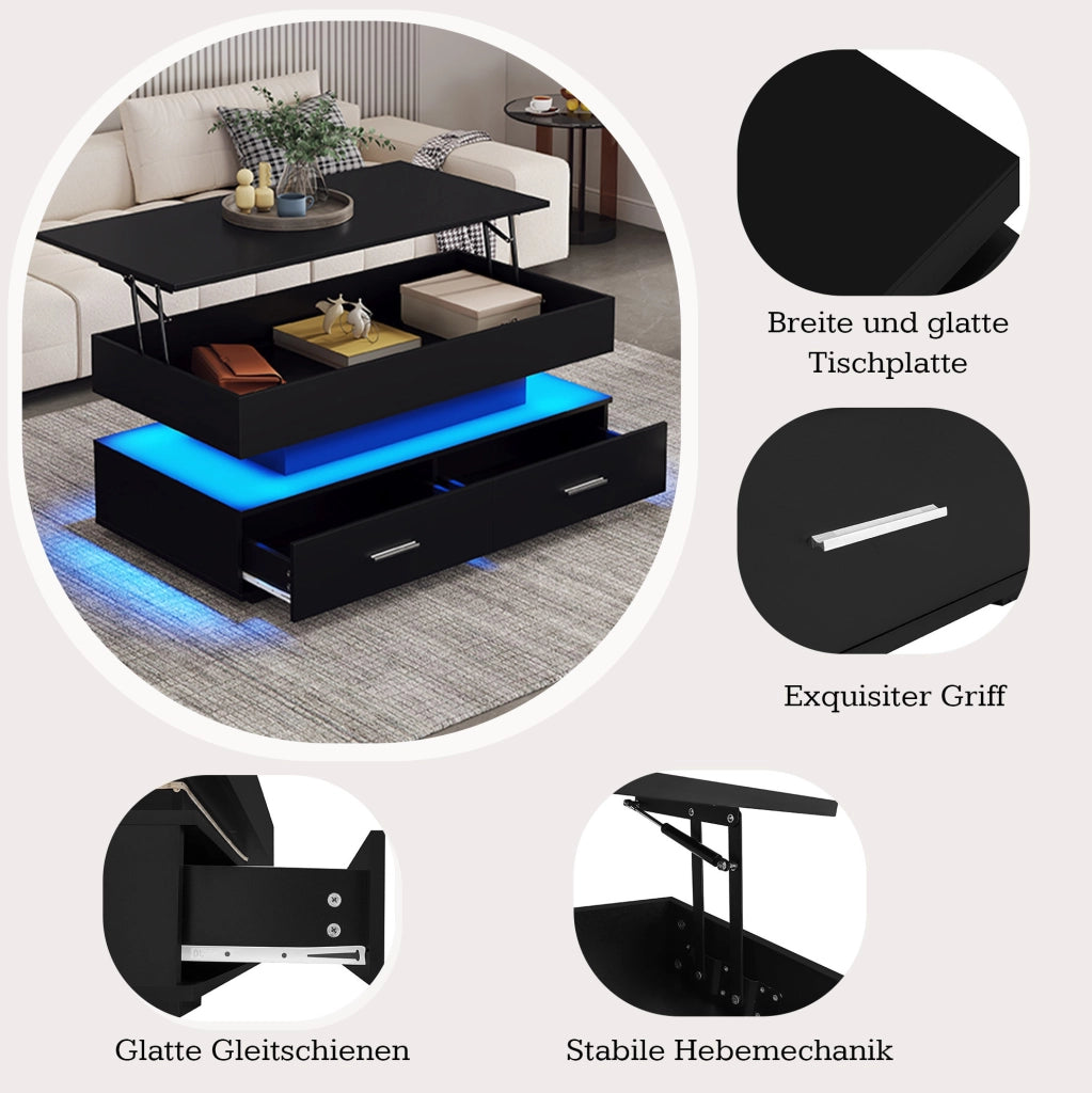 Tavolino da caffè regolabile con LED, 2 cassetti, nero