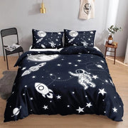 Set di lenzuola per bambini con tema spazio, universo, stelle e luna, con copriletto e 2 cuscini con copri cuscino