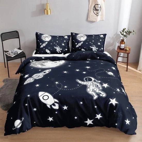 Set di lenzuola per bambini con tema spazio, universo, stelle e luna, con copriletto e 2 cuscini con copri cuscino