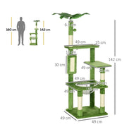 ALBERO PER GATTI MULTILIVELLO CON AMACA TIRAGRAFFI PALLINA E FOGLIE DECORATIVE 49X49X142 CM VERDE