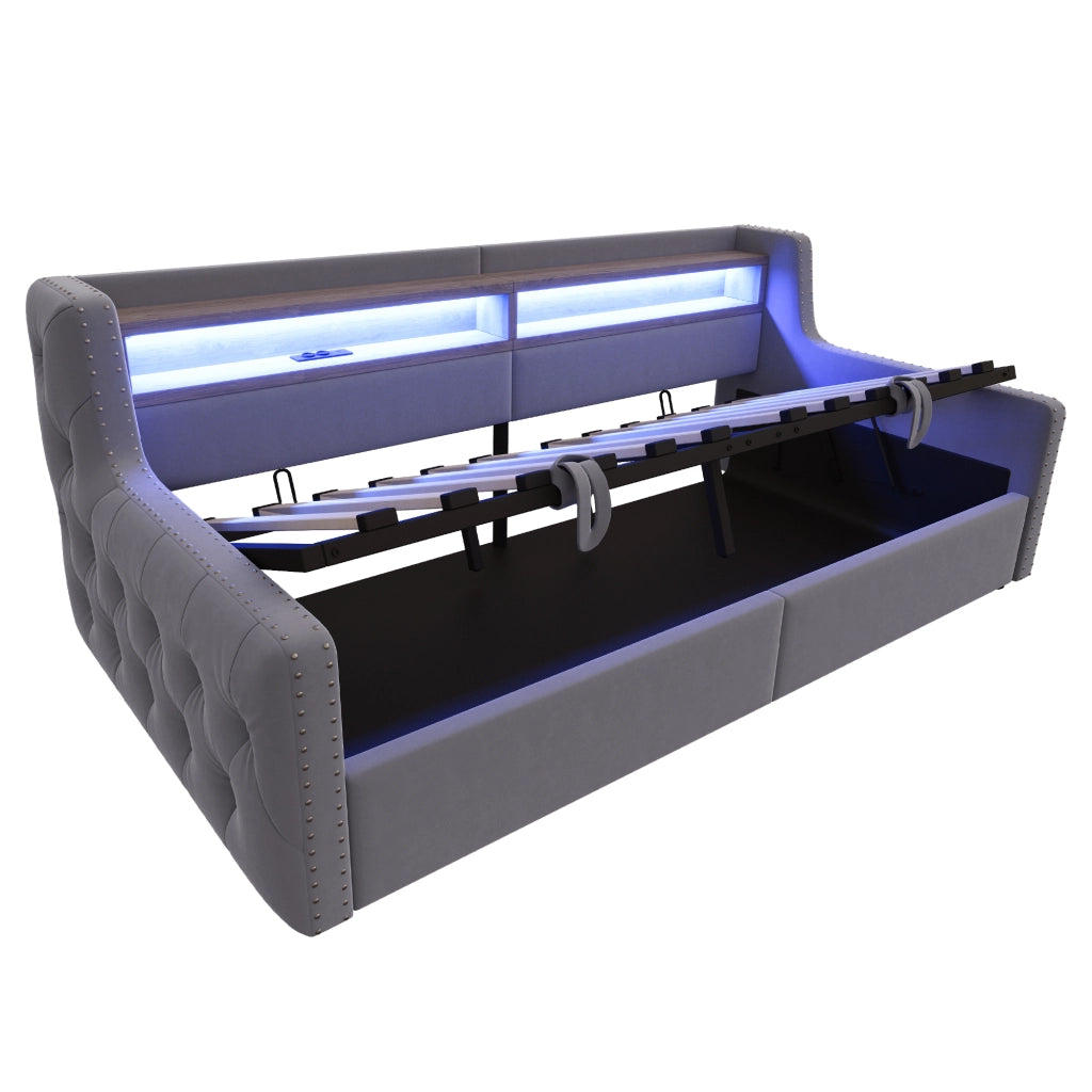 Schlafsofa imbottito 90x200 cm in velluto grigio con contenitore idraulico, LED, presa USB/Type-C e rete a doghe