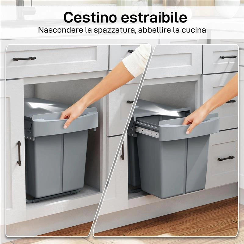 PATTUMIERA ESTRAIBILE SOTTOLAVELLO PER DIFFERENZIATA CON 2 SECCHI DA 20L, 52X33.5X41 CM, GRIGIO