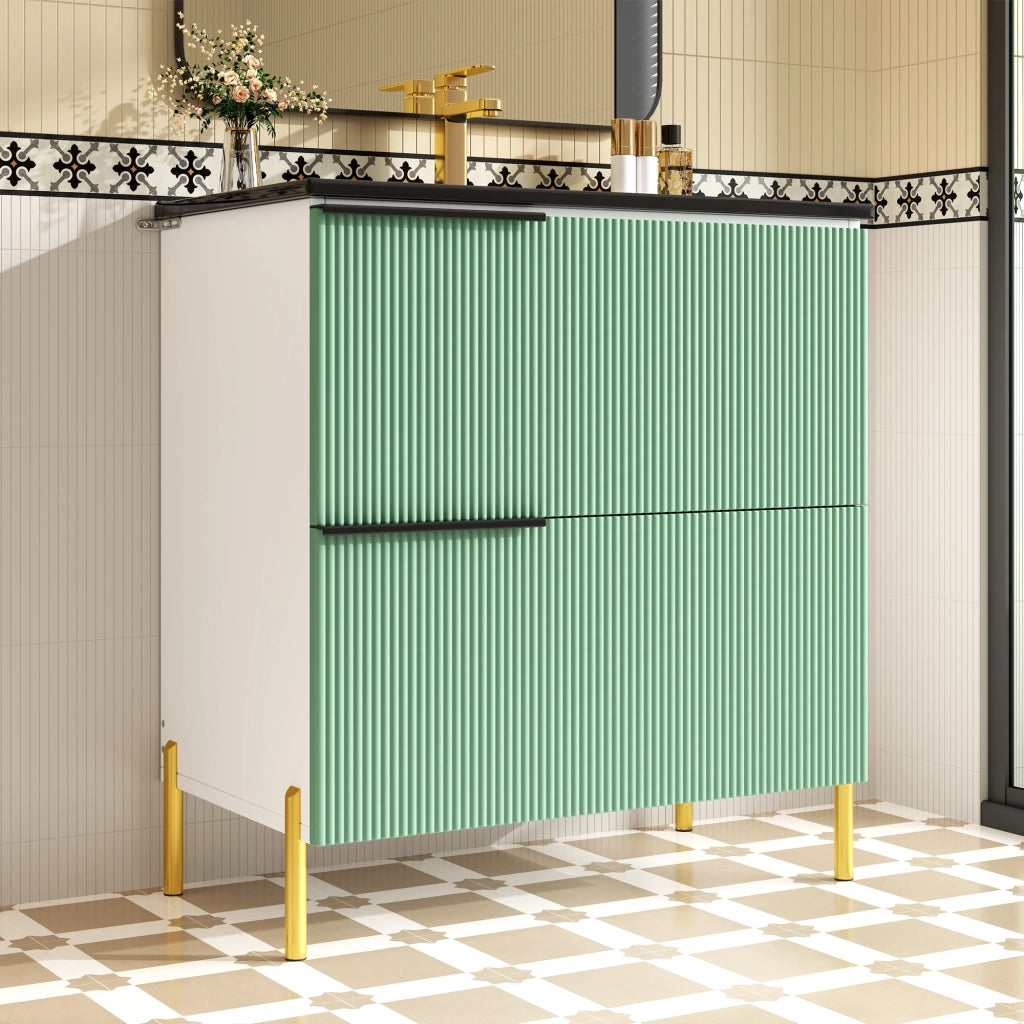 Mobile sottolavabo da bagno con lavabo in ceramica, 2 cassetti, in MDF, verde, con maniglie e piedini in metallo