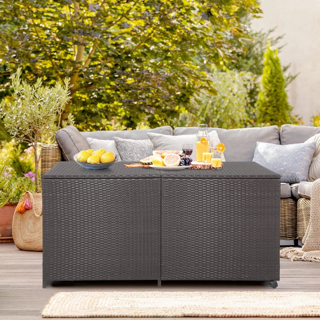Baule da Giardino 662L, Panca Contenitore in Plastica con Coperchio, Maniglia e 2 Ruote Universali, in Rattan, per Interni e Esterni, 150 x 77 x 73 cm (Modello 3)