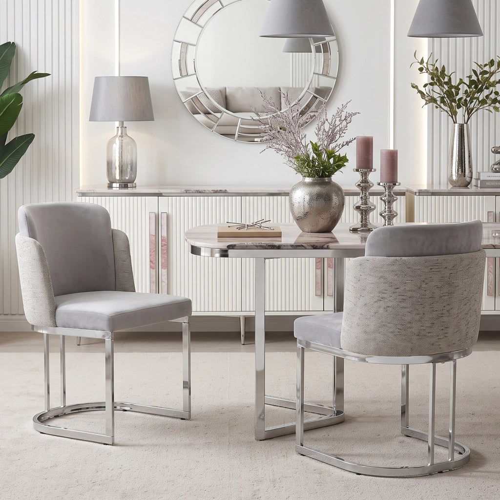 SEDIA Imbottita in Chenille Grigio e Argento Set da 6 pezzi 61,5x53,5x86 cm