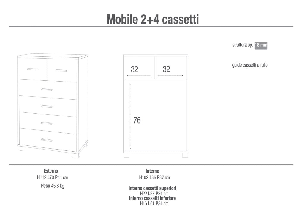 Mobile 4+2 Cassetti 70x112x41 cm Rovere Naturale/Bianco Fiammato