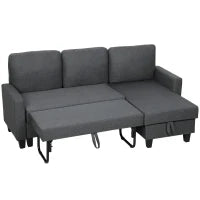 Divano Letto 3 Posti con Chaise e Spazio Contenitore, in Tessuto Effetto Lino, 197x129x85 cm, Grigio Carbone