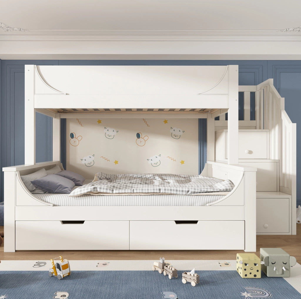 Letto a castello con armadio scala e cassetti, design elegante a slitta, colore bianco