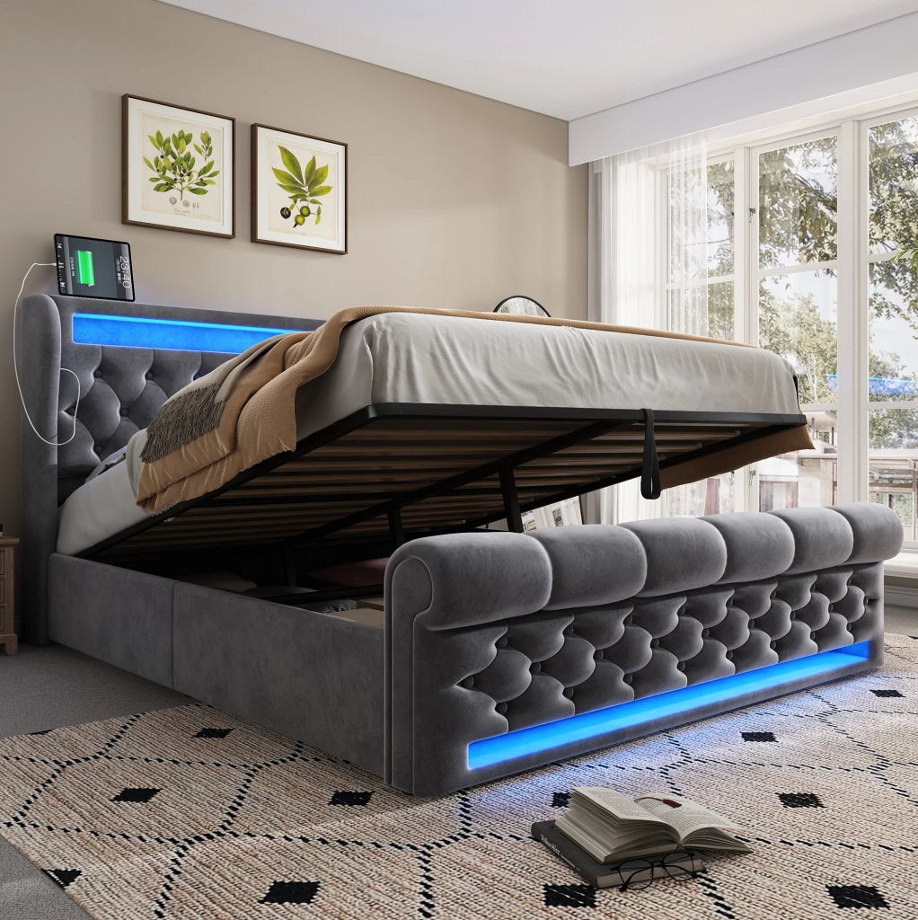 Letto matrimoniale 140x190 cm con LED, USB-C e vano contenitore