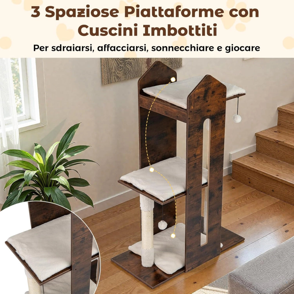 Albero per Gatti Alto 120 cm, Tiragraffi per Gattini in Legno con Posti Graffianti in Sisal, Palline Pendenti, Cuscini Morbidi e Piazzola, Tiragraffi Gatto per Arrampicata
