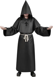 Costume da Monacello - Nero - Cappuccio Medievale - Cappello e Bastone - Halloween - Carnevale