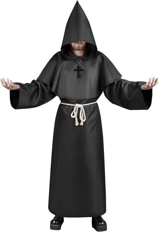 Costume da Monacello - Nero - Cappuccio Medievale - Cappello e Bastone - Halloween - Carnevale
