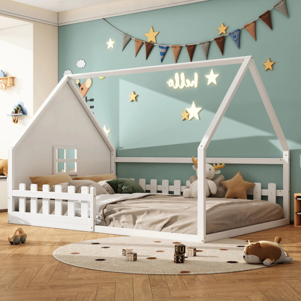 Letto a Casetta 140×200 cm; Letto Singolo con Sponda; per Bambino; senza Materasso; in Pino e MDF; Bianco