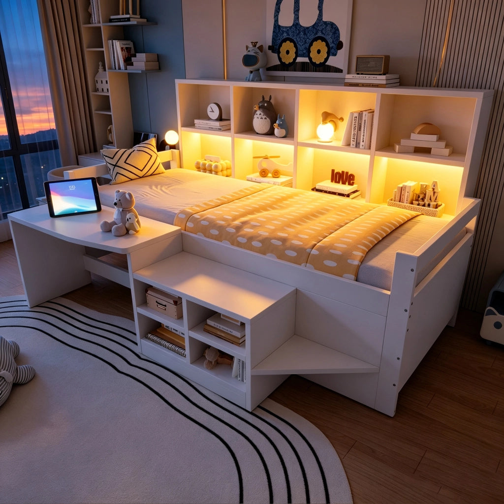 Letto combinato 90×200 cm; letto singolo con scrivania; vani contenitori; LED e prese USB; senza materasso; bianco
