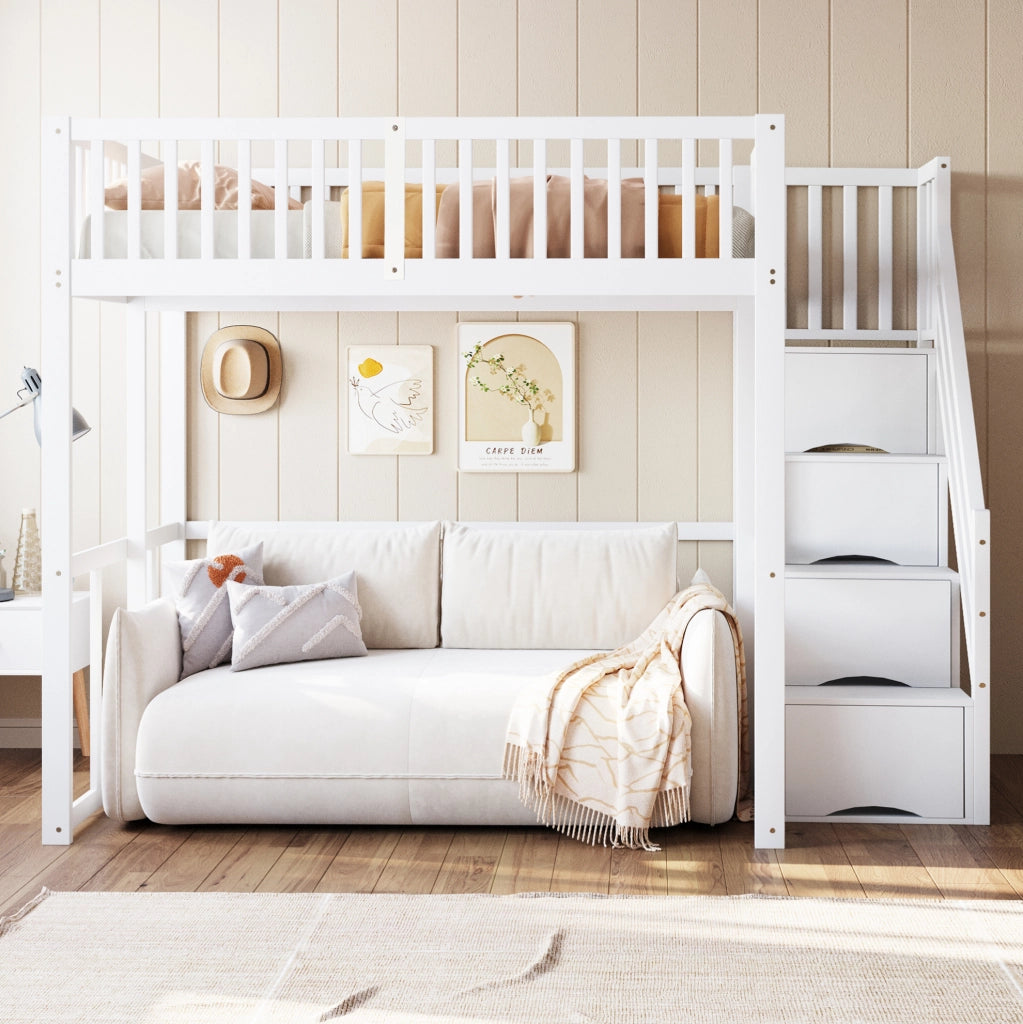 Letto a soppalco 140x200 cm con scala contenitore e sponda di sicurezza; in legno di pino bianco