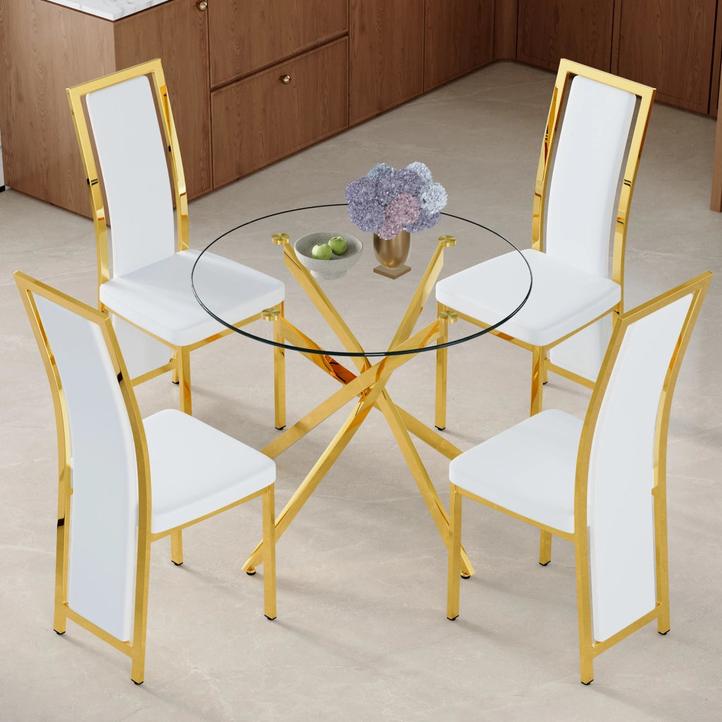 Set tavolo da pranzo e sedie con 1 tavolo rotondo e 4 sedie in vetro temperato metallo e PU bianco e oro