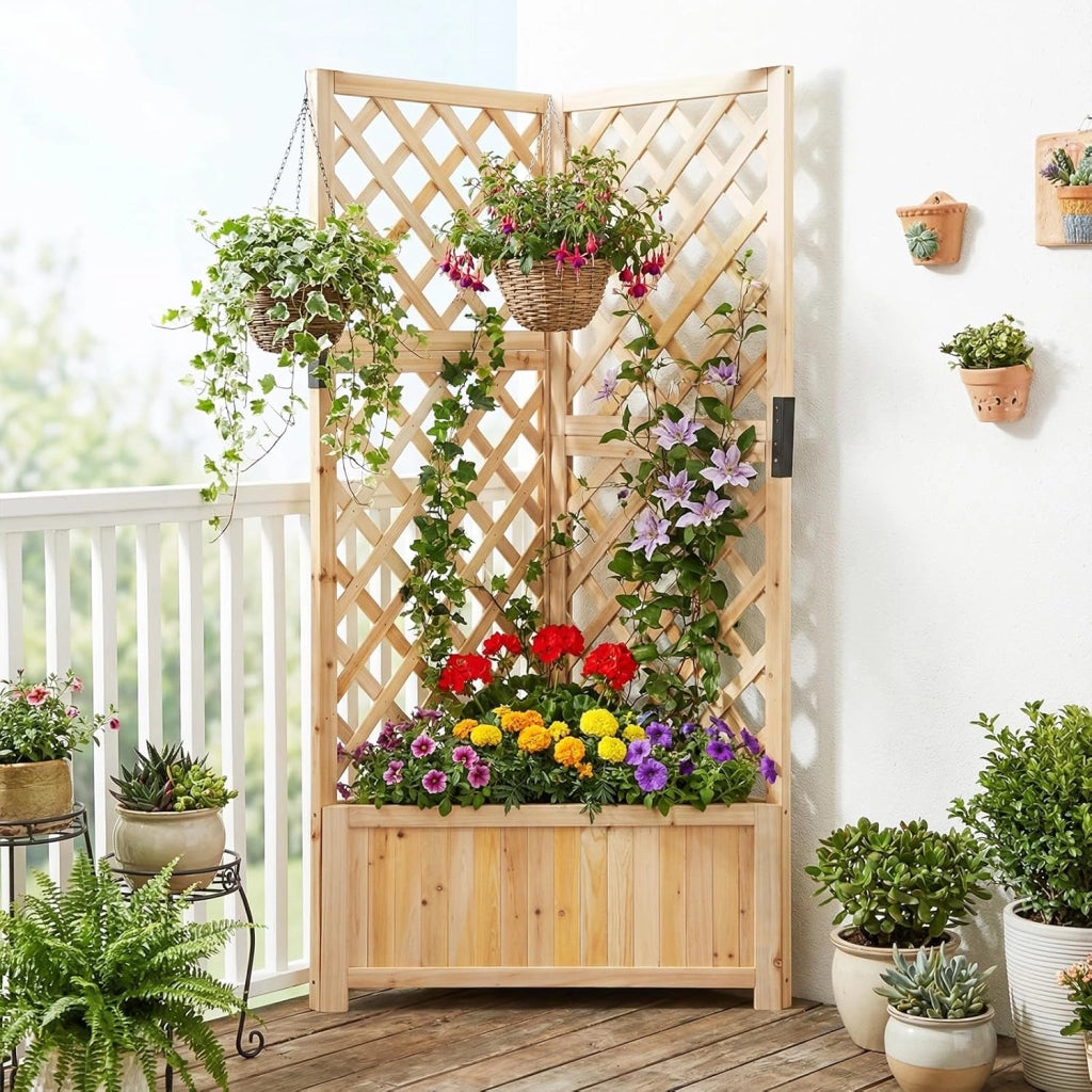 Letto da Giardino Rialzato ad Angolo con Traliccio e Fori di Drenaggio, Fioriera in Legno Elevata per Piante Rampicanti, Fiori e Verdure, Ideale per Interno ed Esterno (Naturale)