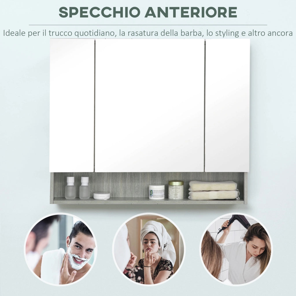 Armadietto a Specchio per Bagno con Ripiani Regolabili 3 Porte e Mensola 90x15x75 cm Grigio